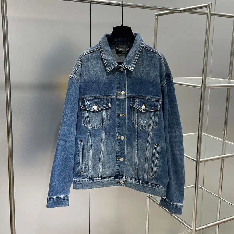 

Runway Luxury New Denim Jacket For Men Women Washed Basic Long Sleeve Casual Vintage Denim Tops Fashion Back Letter Embroidery