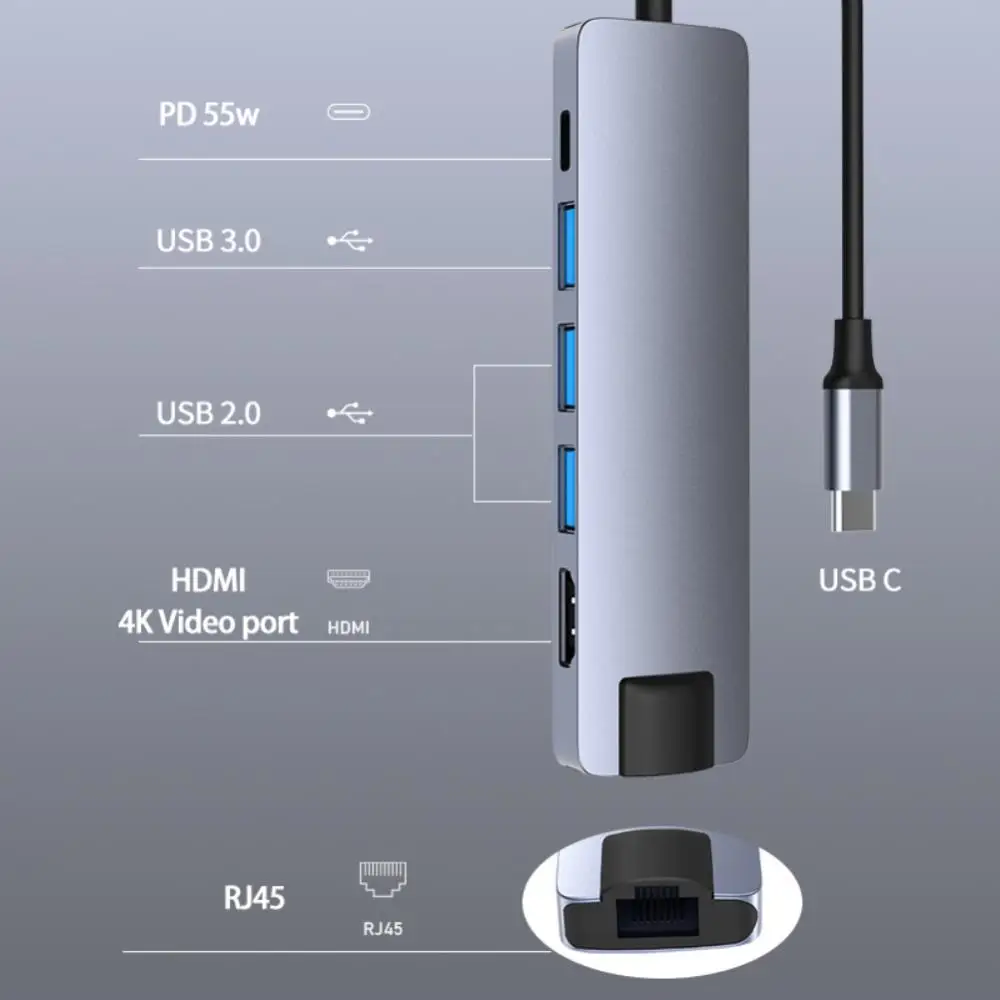 

6 In 1 Usb C Multiport Hub Portable Aluminum 5gbps Type-c Extender Data Transfer Type-c Docking Station Adapter Multifunction