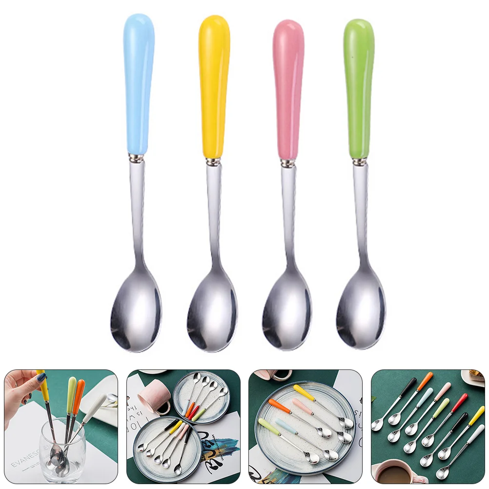 

Spoons Spoon Soup Salad Stainless Steel Melon Scooper Mixing Cocktail Handle Ceramic Cream Ice Stirring Coffee Round Fruit Metal