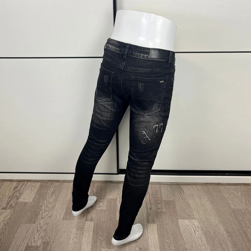 High Street Fashion Men Jeans Retro Black Gray Elastic Skinny Ripped Jeans Men Brand Patch Designer Hip Hop Stretch Pants Hombre