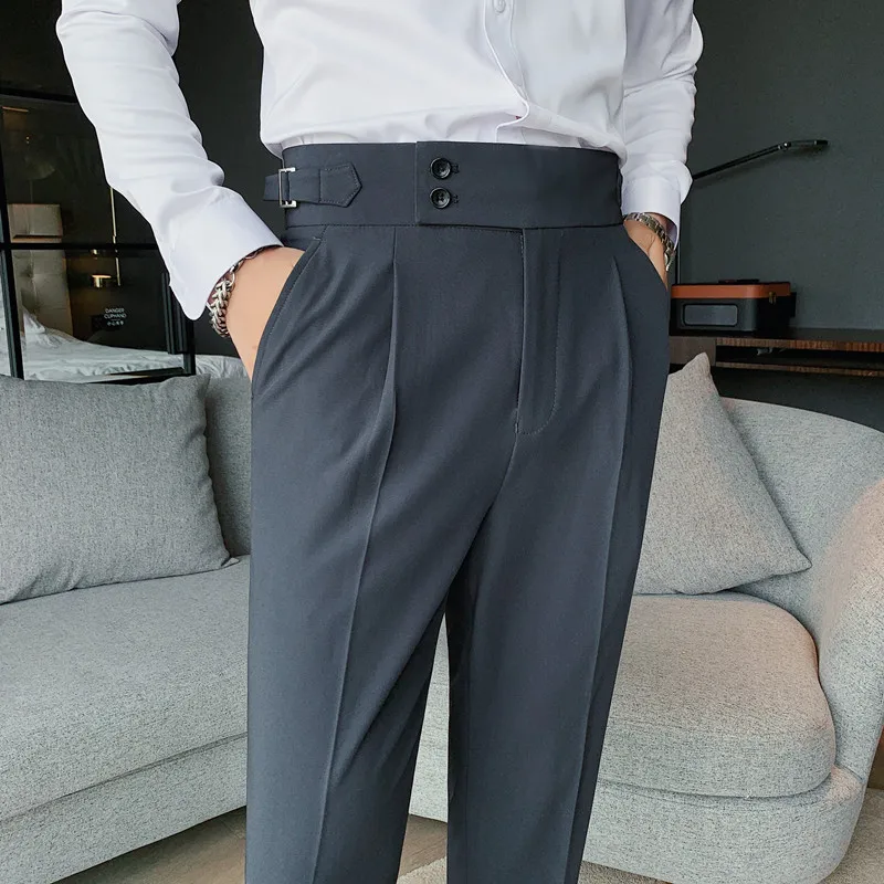 

British Style High Waist Business Dress Pants Men Slim Fit Casual Suit Pants Temperament Office Social Trousers Costume Homme