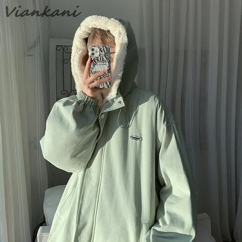 Winter Thick Lamb Fur Jacket Mens Warm Hooded Coat Korean Loose Oversized Coat Male Fashion Cotton Outwear Streetwear Jackets