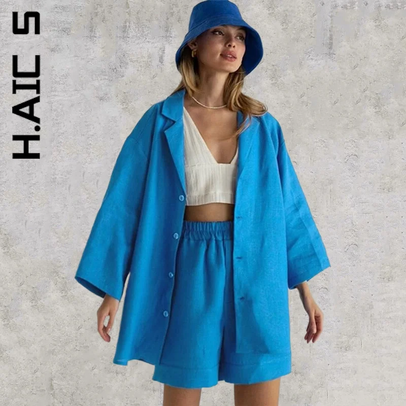 

H.Aic S New Women Set Casual Short Pants Simple Elegant 100% Cotton Two Piece Sets Slim Chic Soft Female Women Tracksuit Set