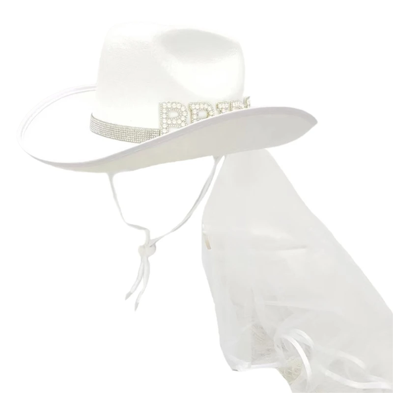 

Bride Cowboy Hat with Veil Wide Brim Cowgirl Hat Wedding Party Props Bachelorette Party Letter Hats for Bridal Female