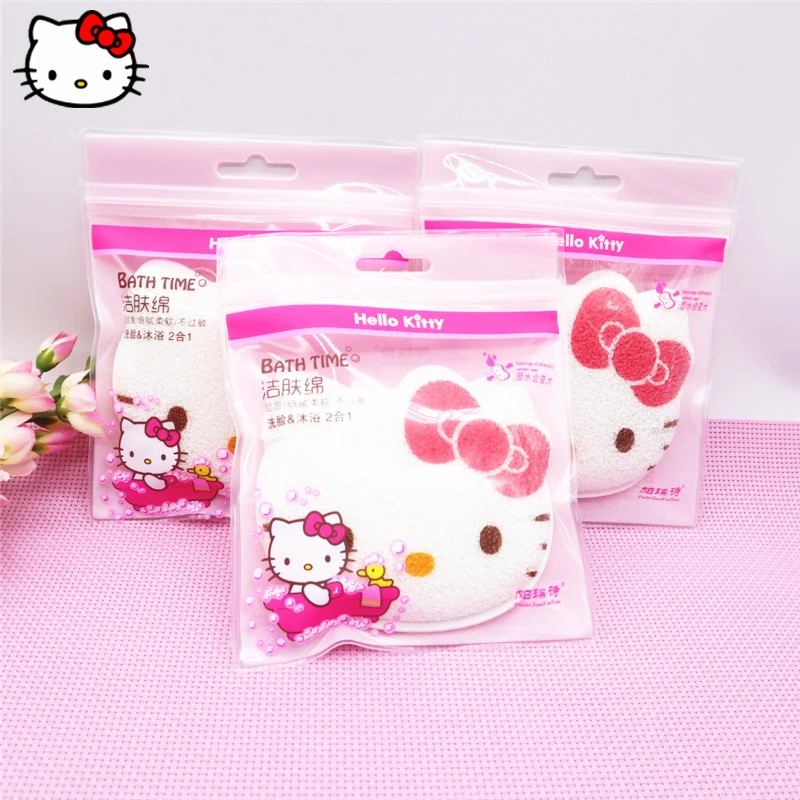 

New Sanrio HelloKitty Cleansing Puff Kawaii Anime Soft Face Cleansing Cotton Puff Bath Cotton Belt Lanyard Cleansing Cotton Puff