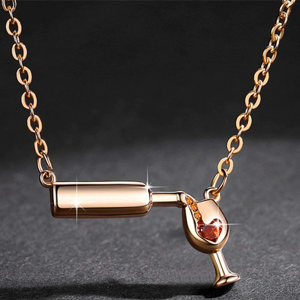 

2022 Fashion Women Rose Gold Sliver Filled Wine Glass Pendant Necklace Ladies Wine Beer Bottle Chains Necklaces Christmas Gifts
