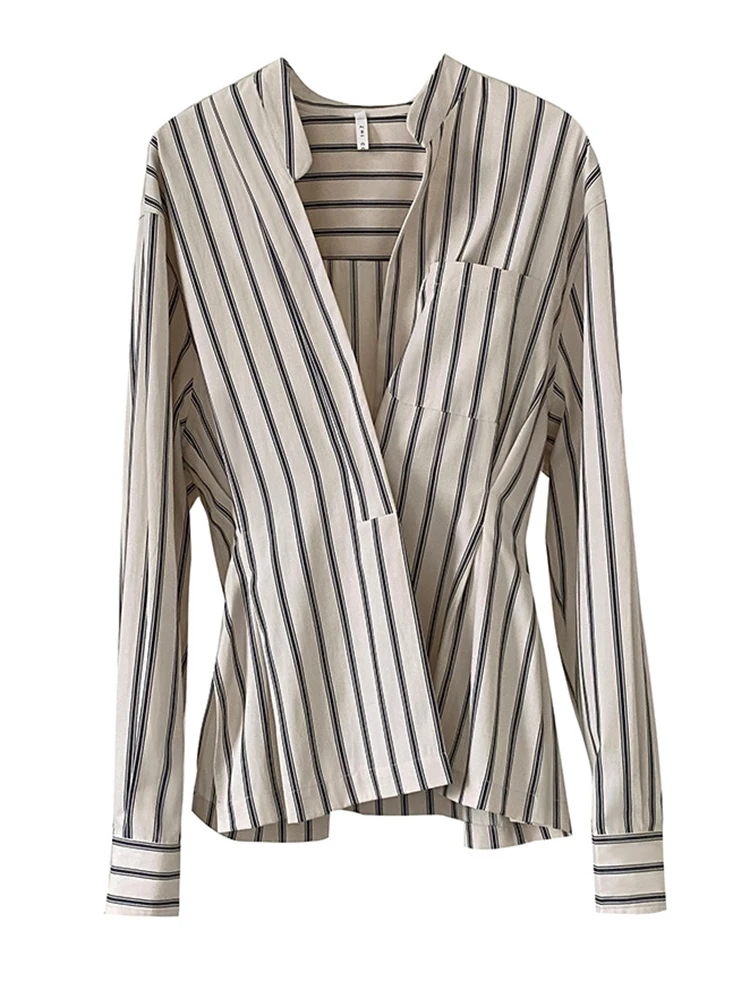 [EAM] Женская полосатая элегантная блузка с карманами нестандартной формы новая