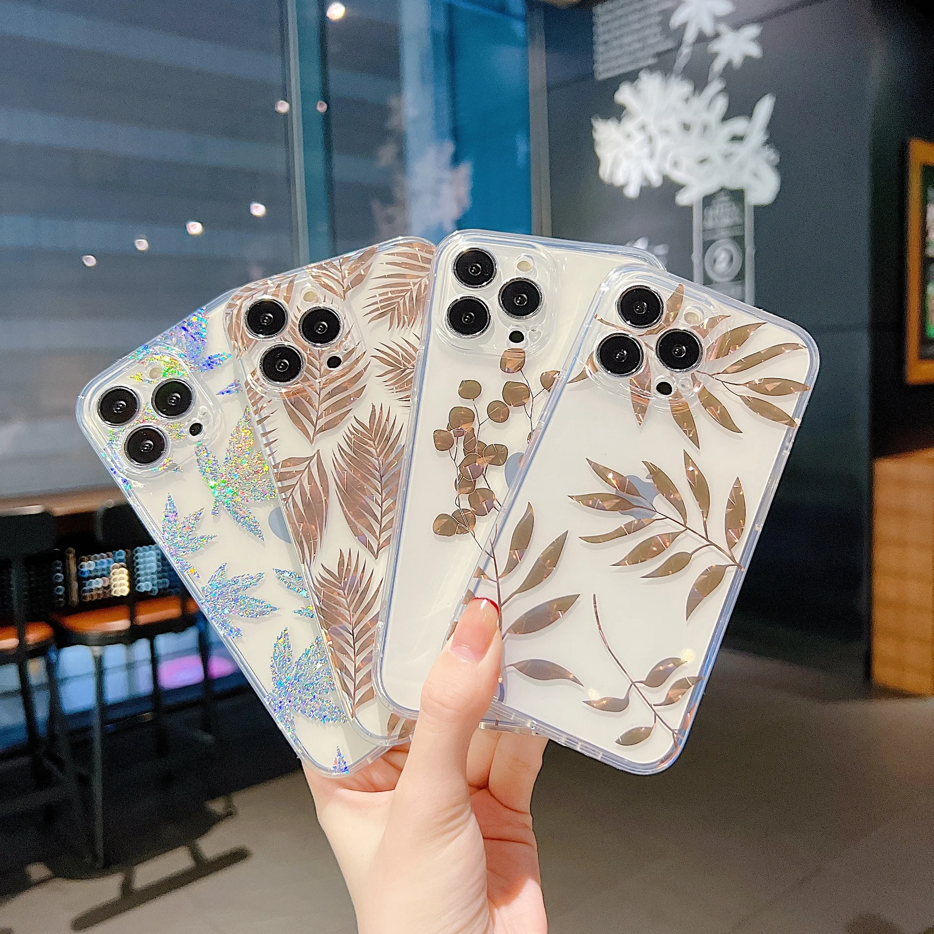 

Hot Stamped Gold Leaf Back Cover Style For iPhone 7Plus/8plus/11/12 Mini Case 13 Pro Max/Xs Max/ SE2022/XR Apple Silicone Case
