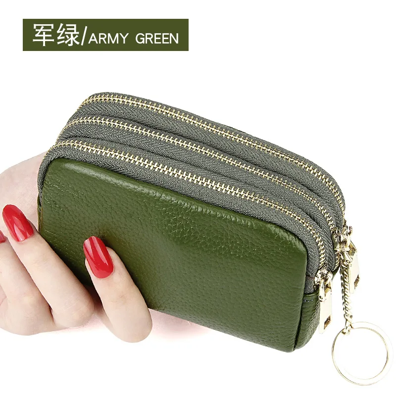 2023Top layer cowhide simple fashion mini clutch three zipper keys coin purse genuine leather