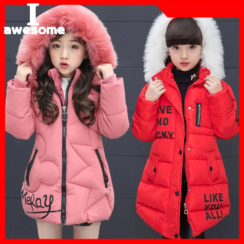 

3-12T Girls' Coat Big Fur Collar Hooded Jacket Winter Thick Warm Cotton Coat Mid-length Down Jacket Girls Quilted Jacket