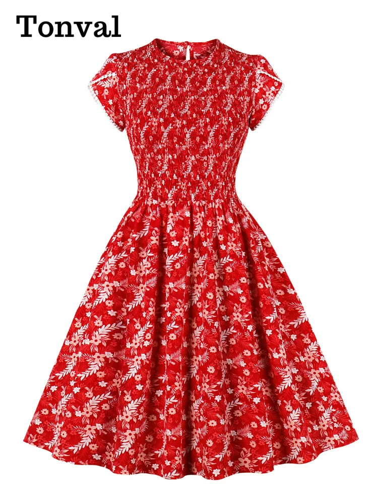 

Tonval Vintage Floral Print Shirred Bust Red Pleated Dress Women O-Neck Petal Sleeve Keyhole Back Vacation Summer Dresses