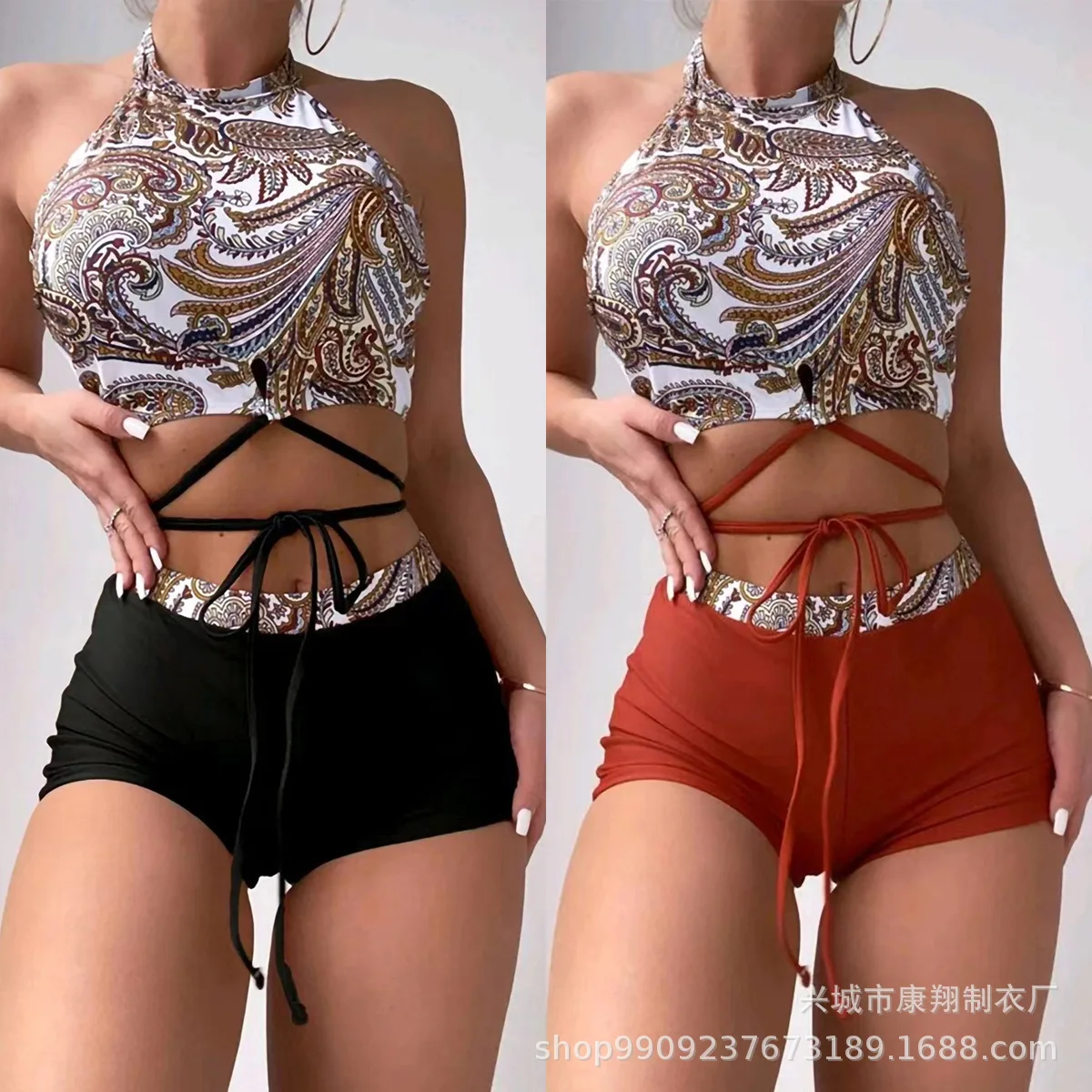 

Женский купальник с высокой талией, однотонный раздельный купальник с принтом на завязках, лето 2023