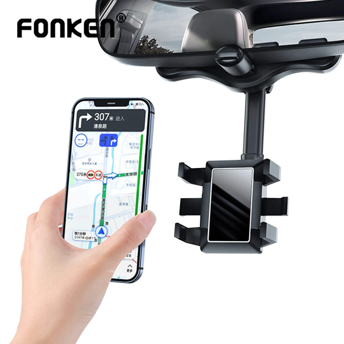 

Fonken Car Rearview Mirror Mount Phone Holder For iPhone 12 11 GPS Smartphone Car Phone Holder Stand Adjustable Rotate Support