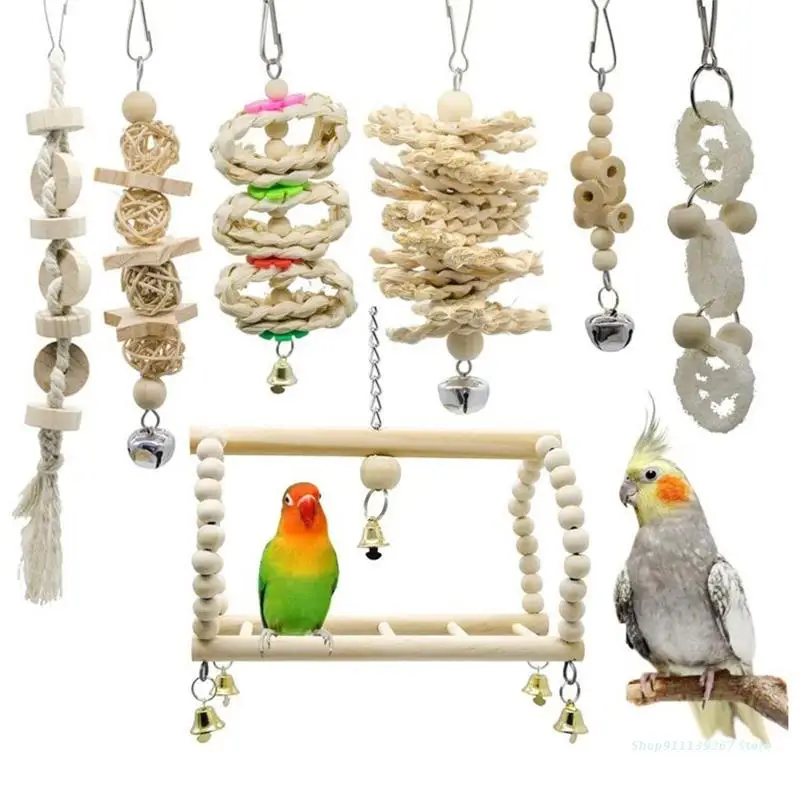 

C5AD 7Pcs Bird Toys for Parakeets Swing Hammock Ladder Chewing Toy Boredom Breaker