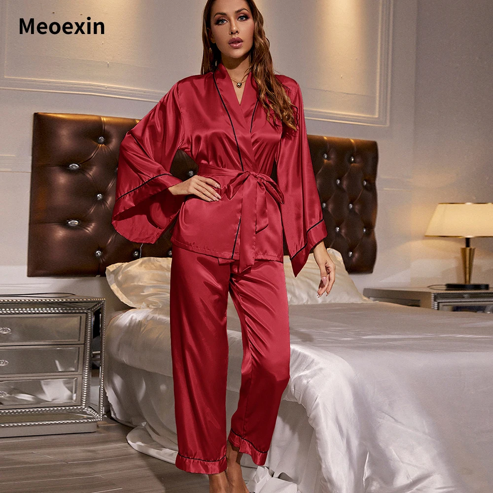 Spring and Summer New Pajamas Women's Thin Silk Satin Chiffon Long Sleeve Flare Sleeve Homewear Elegant Fashion Loose Sleepwear