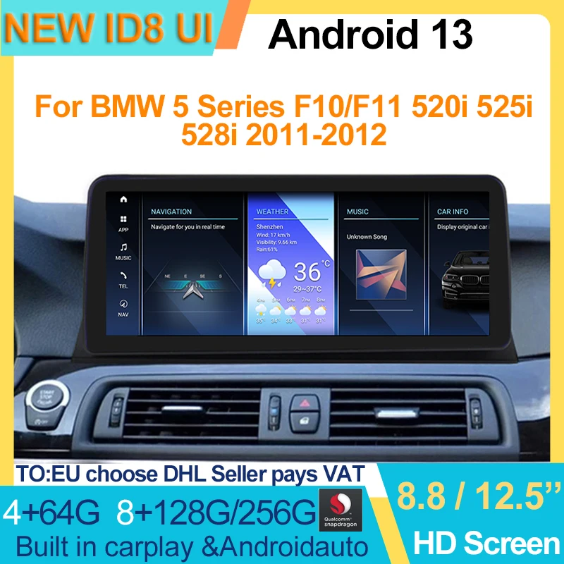 

Qualcomm Android 13 Multimedia 8+256G ID8 10.25/12.5" GPS Navigation Screen Carplay For BMW 5 Series F10 F11 2011 - 2017 CIC NBT