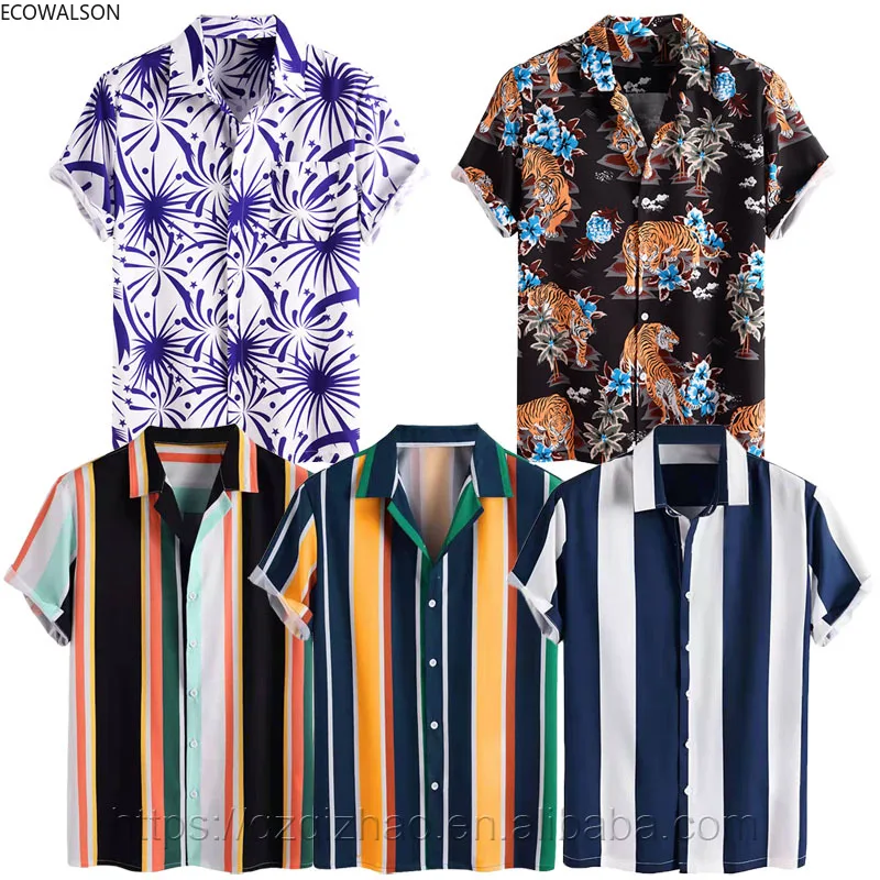 

2022 Men's Summer Hawaiian Plus Size Short Sleeve Button Up Stripe Printed He-man Floral Stylish Casual Clothing Shirts for Man