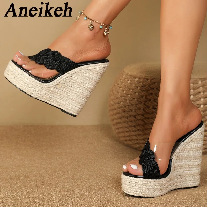 

Aneikeh 2024 Summer Platform Open Toe Wedges Slippers Women's Fashion Sexy Viscose Mixed Color PVC Cross Sandals Party Wedding