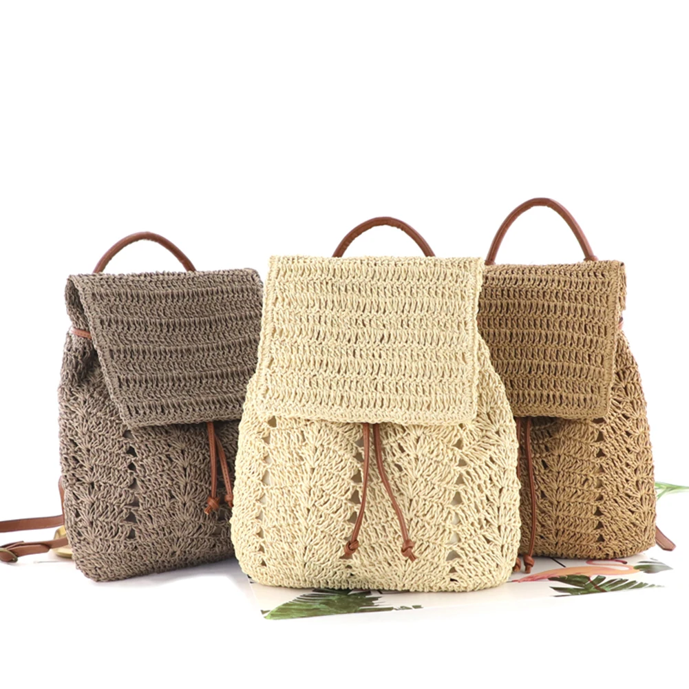 

Fashion Straw Shoulders Backpack Woven Women Beach Holiday Bucket Purse Bag Casual Travel Handbags for Women