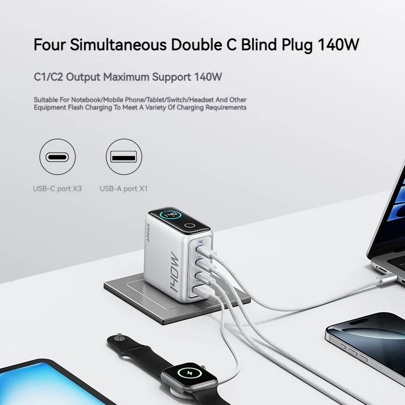 Anker ZOLO 140 Вт GaN 4 порта зарядное устройство PPS ноутбук для iPhone MacBook Pro Air iPad Galaxy S24 Dell XPS