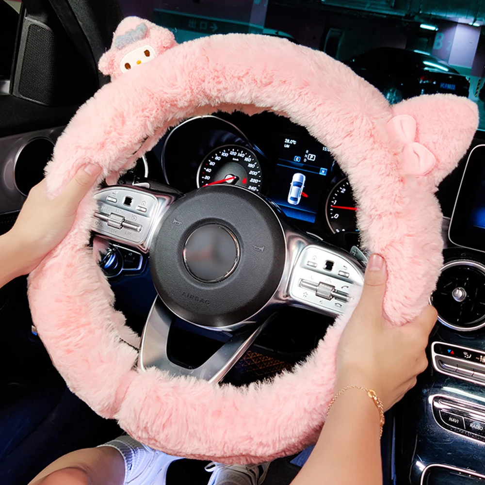 Soft Plush cartoon cute Steering Wheel Cover For Girls Female Winter Interior Furry Decoration 38cm Cute Car Accessories