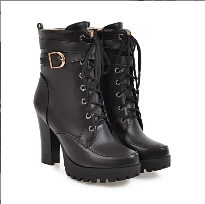Spring White Black Ankle Platform Motorcycle Boots Women Lace Up Chunky Heel Belt Buckle Pocket Fashion Shoes Women Boots