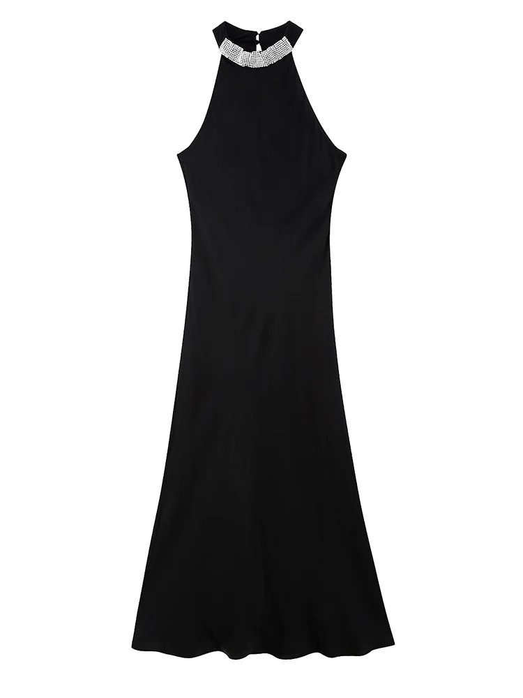 

Макси платья женские пуговицы с открытой спиной элегантное вечернее сексуальное платье со стразами, расшитое бисером, холтер на шее, атласн...