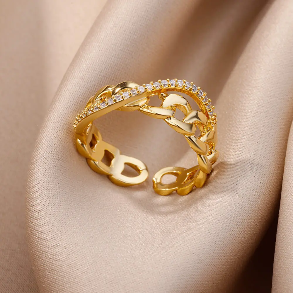 

Gold Plated Chain Rings for Women Adjustable Stainless Steel Ring 2023 Trending Zircon Aesthetic Wedding Jewerly anillos mujer