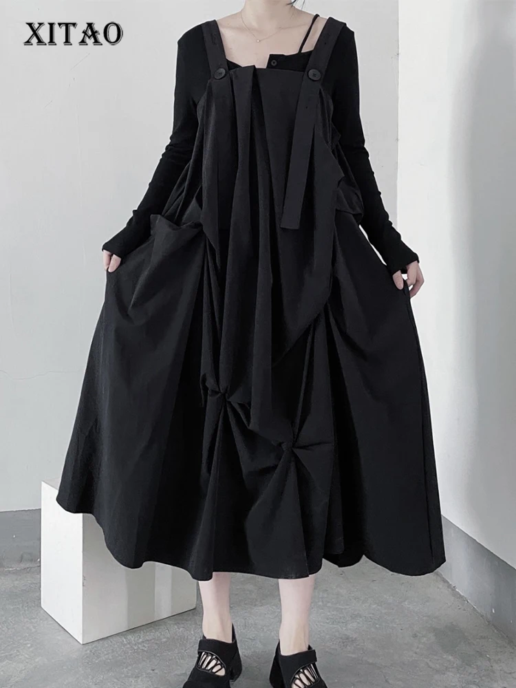 

XITAO Pleated Solid Dress Women Korea Summer New Arrival Personality Fashion Loose Square Collar Short Sleeve Dress WLD7356