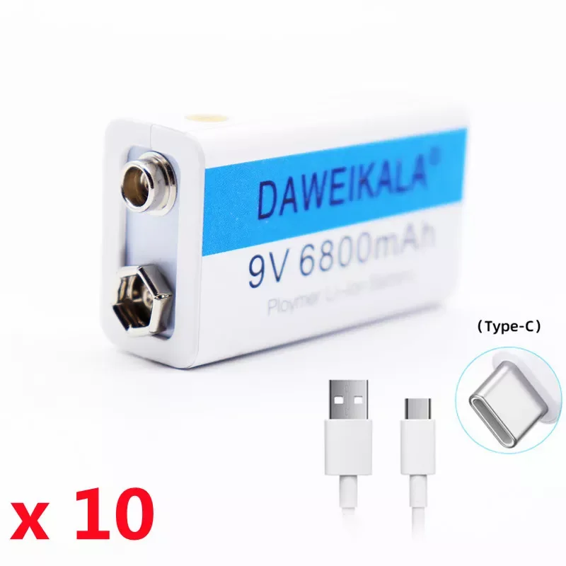 

(10 шт. в упаковке) перезаряжаемые литий-ионные батареи 9 в USB 6800 мАч для микро-телефона, Дымовой Сигнализатор, электронных игрушек, раций и мно...