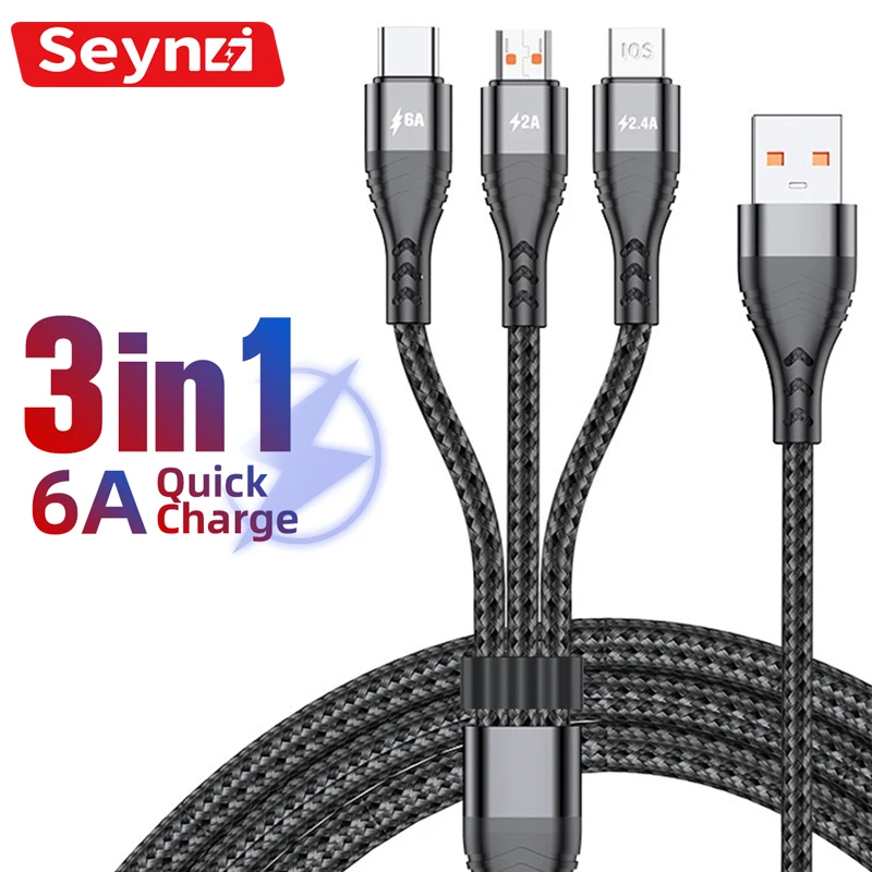 

Кабель зарядный 3 в 1 Micro USB Type-C с нейлоновой оплеткой, 6 А