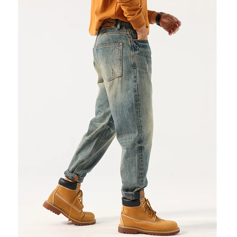 Streetwear Men 2022 New Pattern Vintage Recreational Blue Jeans Loose Straight Cylinder Broad Leg Ripped Trousers Autumn Female