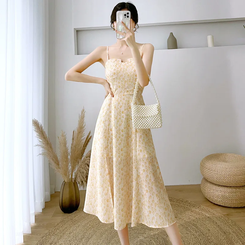 

Tea Break French Style Temperament Slimming Chiffon Suspender Dress Women's Summer Sweet Elegant Slim Slimming Slit Dress