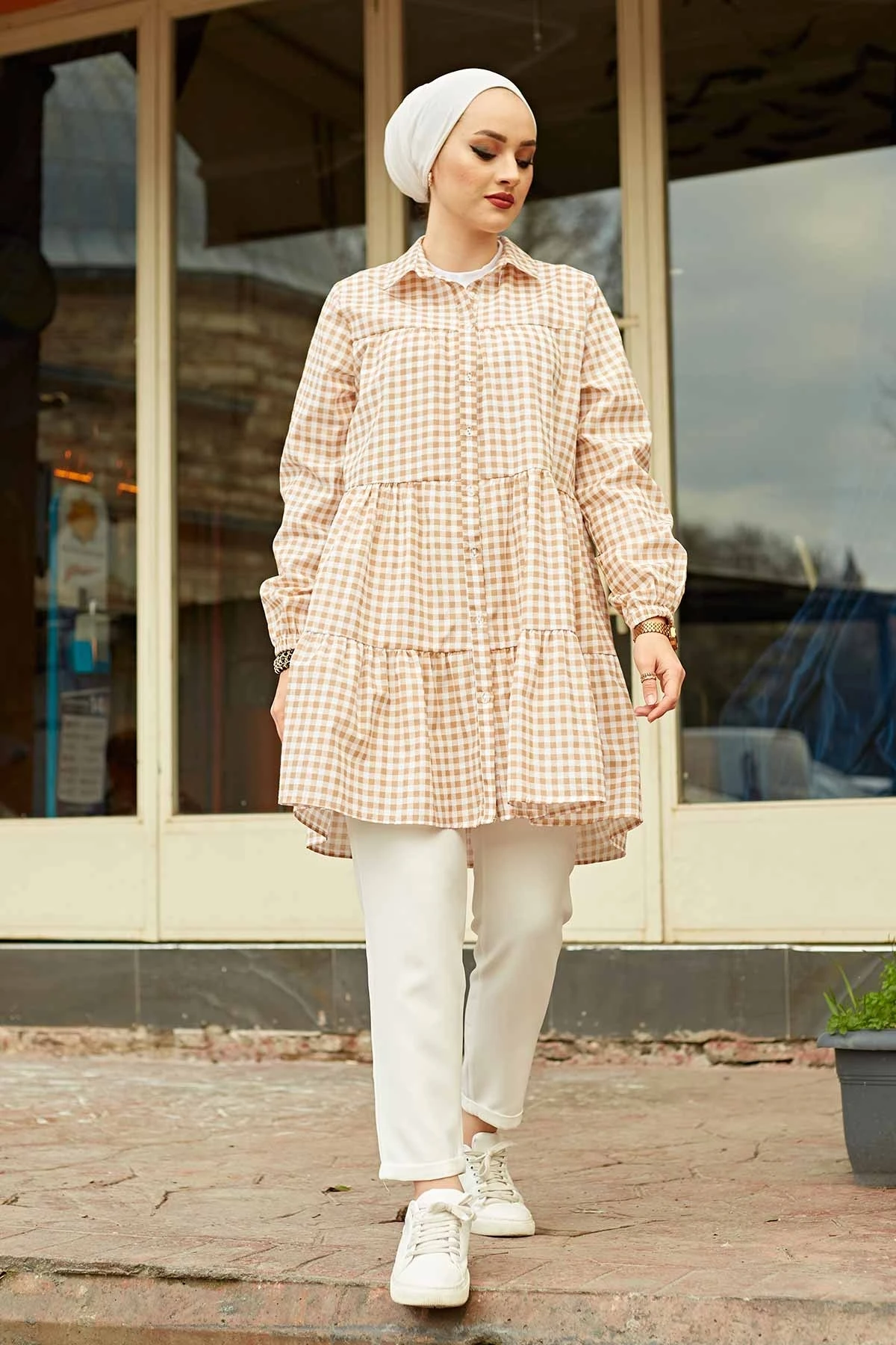 Frilly Plaid Shirt MD-Mink