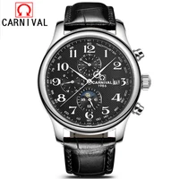 carnival simple mens watches relogio masculino automatic mechanical watch men leather watch calendar display watch for men 0702