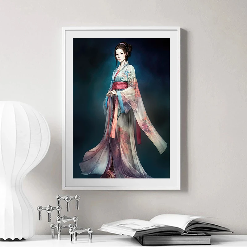 Древние китайские элегантные цветные шелковые постеры Hanfu для девочек Картина на