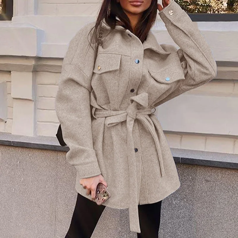 

Women Loose Lapel Woolen Jacket Coat with Belt 2023 Fashion Vintage Long Sleeve Side Pockets Female Outerwear Chic Overcoat Warm