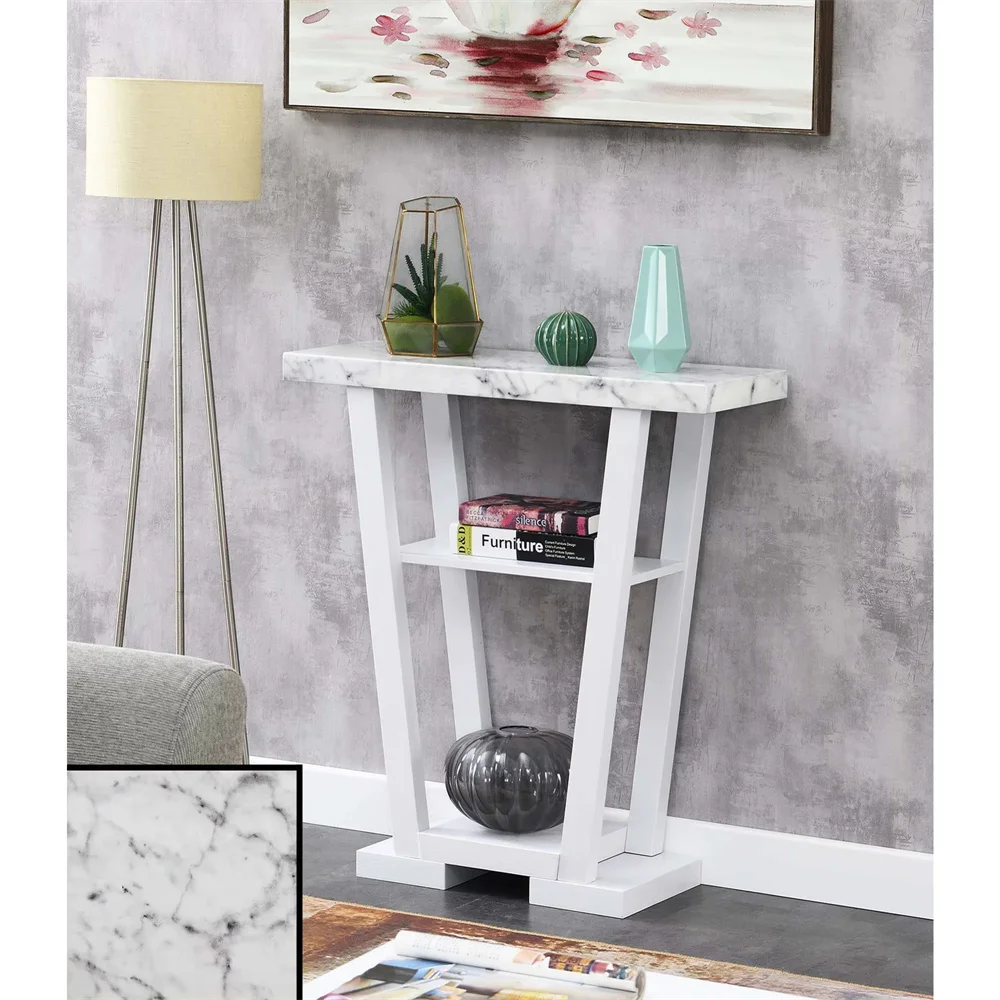 

Convenience Concepts Newport V Console with Shelves, White Faux Marble/White