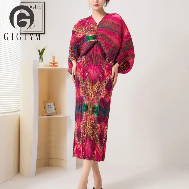 

Женское плиссированное платье GIGIYW, модное облегающее платье с большим рукавом летучая мышь и V-образным вырезом, осень 2022