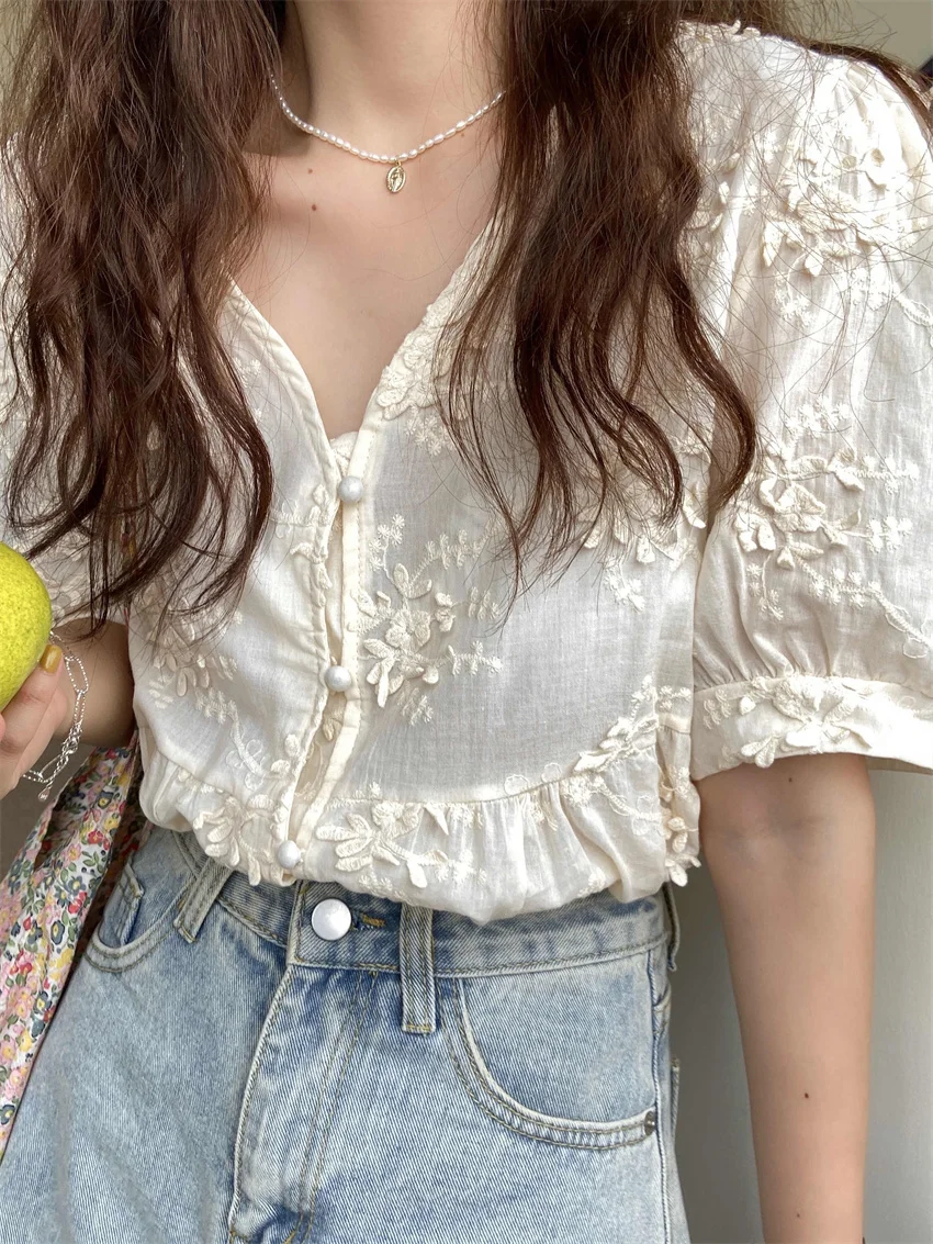 Женская рубашка с цветочной вышивкой свободная повседневная офисная V-образным