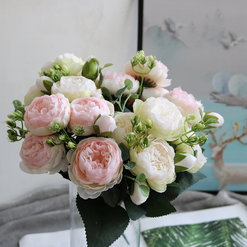 

Silk Peony Bouquet for Home Decoration Accessories Wedding Party Scrapbook Fake Plants Diy Pompons Artificial Roses Flowers