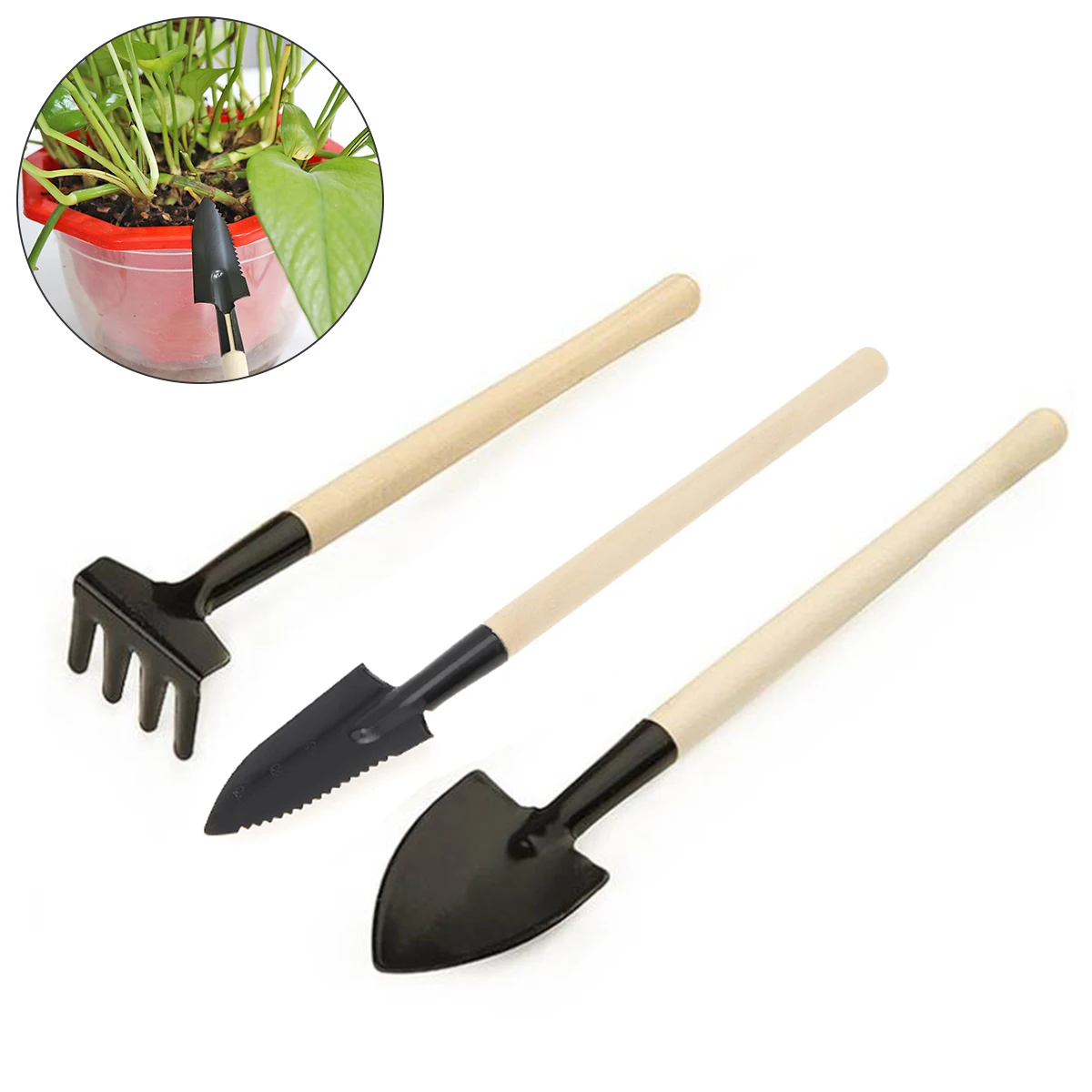 

3pcs/set Mini Garden Tools Wood Handle Metal Head Plants Shovel Rake Spade Drilling Fertilize Tool for Flower Seed Potted Plant