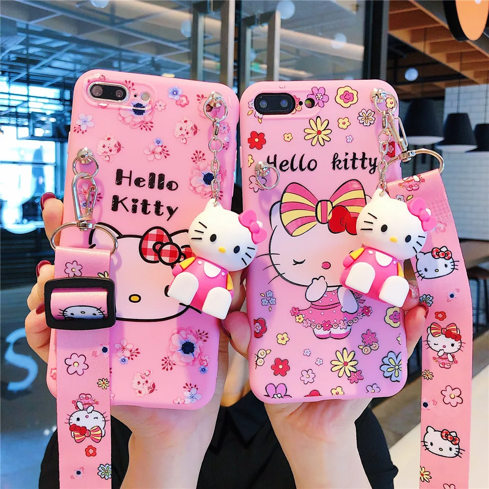 For Xiaomi Redmi 8 8A 9 9A 9T 9C 10 10A 10C 11A 12C Note 7 8 9 9s 10 11 Pro POCO M3 X3 Hello Kitty Phone Case With Holder Rope