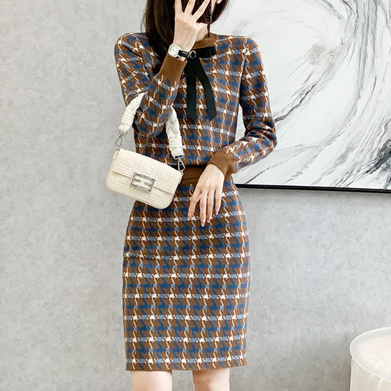 Round Neck French Pretty Houndstooth Winter New Comfortable Long Sleeved Sweater Temperament Skirt Fashion Knit Two-Piece