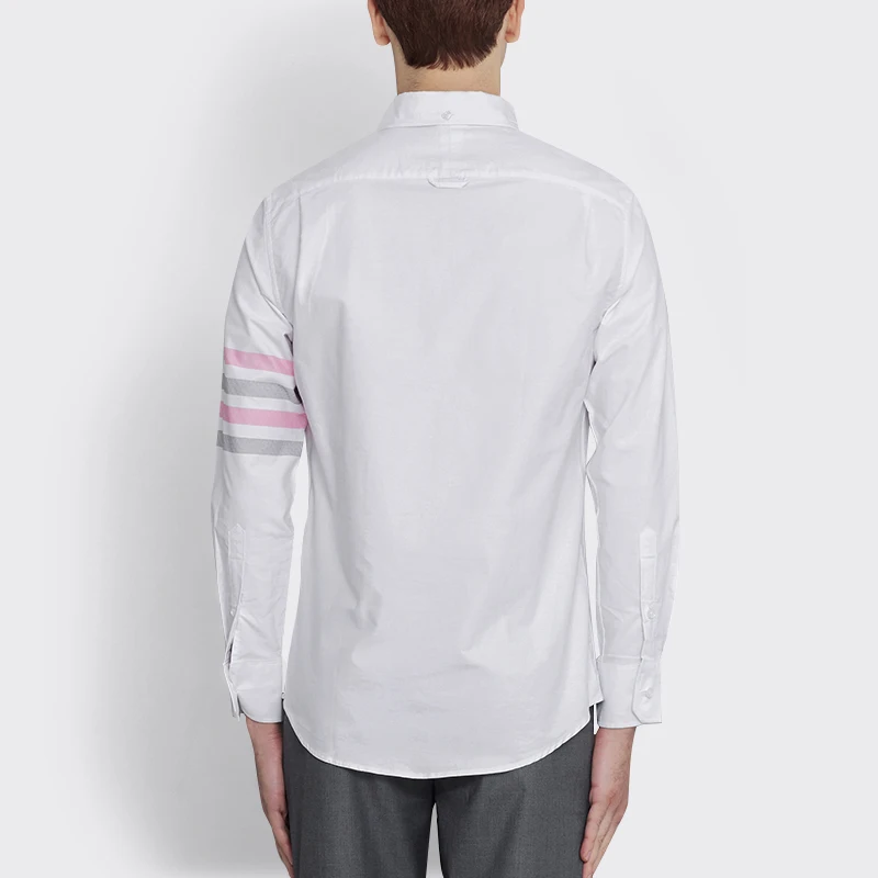 TB THOM Men's Shirt Fashion Top Brand 4-Bar Pink Gray Stripes Casual Oxford Fine Cotton Long Sleeve High Quality Women's Shirts