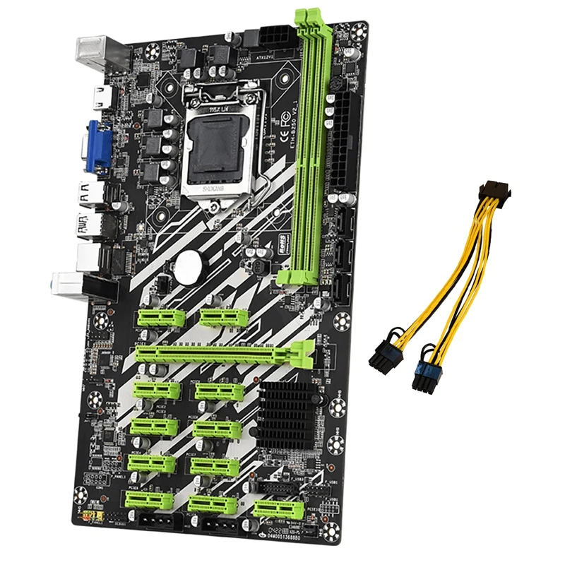 

B250 Mining Motherboard With Power Cable 12 PCI-E Slots LGA1151 DDR4 RAM SATA3.0 USB3.0 Support VGA+HD For Bitcoin Miner