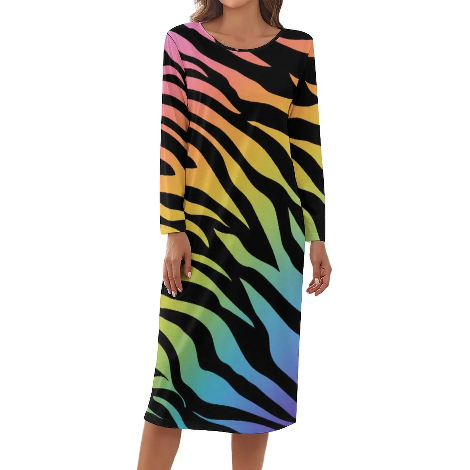 

Zebra Stripes Rainbow Pajamas Long Sleeves Animal Gradient Print Kawaii Dresses Lady Night Nightwear O Neck Graphic Home Suit