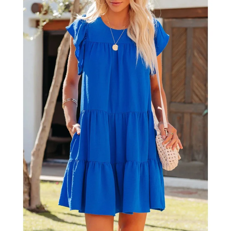 

2022 spring new fashionable pleated loose solid color short-sleeved dress