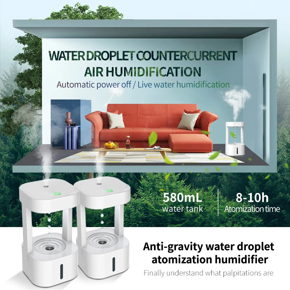 

580ml Anti-gravity Water Drop Humidifier with Atmosphere Light Low Noise for Bedroom Home Office Portable Spray Mist Machine