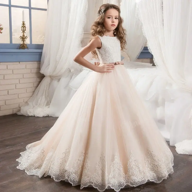 

Custom Formal Flower Girl Dresses For Wedding Blush Pink Princess Tutu Sequined Appliqued Lace Bow Child First Communion